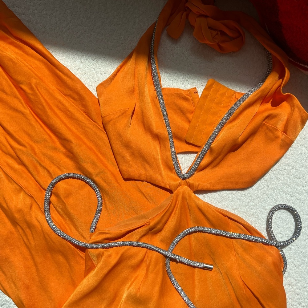 Meshki Orange Halter Dress with Silver Accents